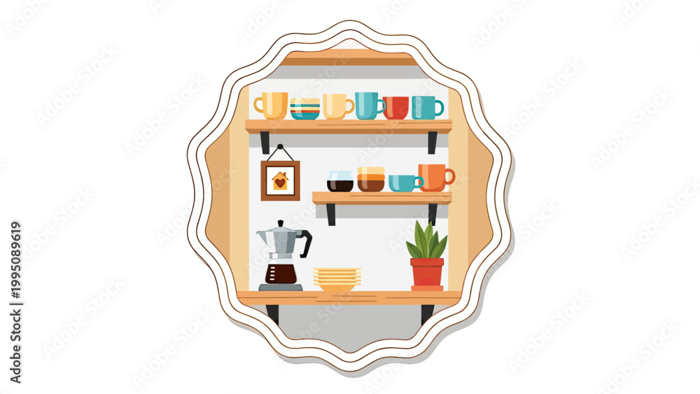 Fototapeta premium A delightful display of colorful mugs, coffee maker, and plant adorn wooden shelves