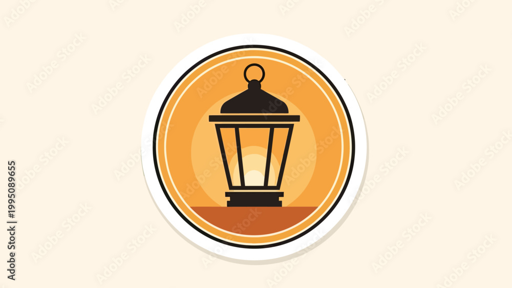 Fototapeta premium Stylized lantern with radiating warm light in circular emblem