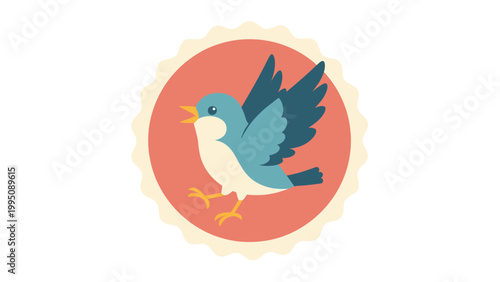 A blue bird with yellow beak and feet, wings spread, against a scalloped circle