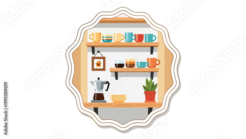 A delightful display of colorful mugs, coffee maker, and plant adorn wooden shelves