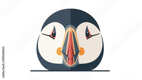 Stylized graphic of a puffin face with striking blue, orange, and cream colors