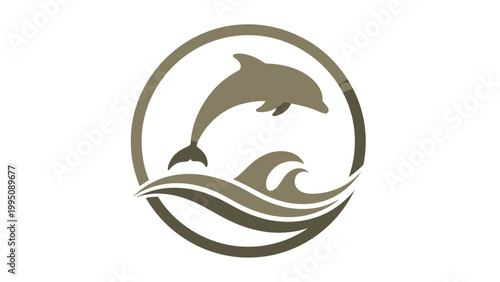 Silhouette of a leaping dolphin above stylized waves within an oval frame