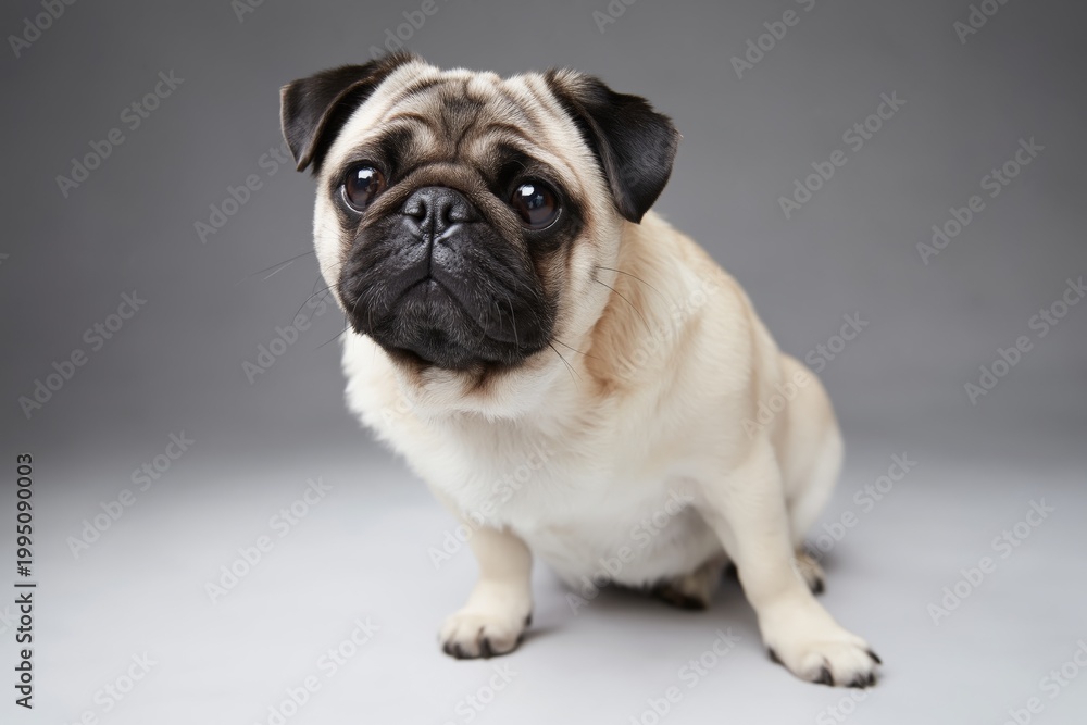 Fototapeta premium Pug Sits on White Background With Curious Expression and Playful Demeanor in Studio