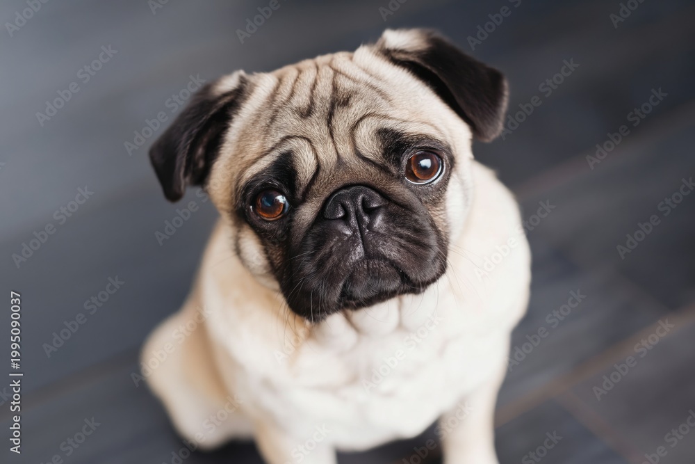 Obraz premium Pug Sits on White Background With Curious Expression and Playful Demeanor in Studio