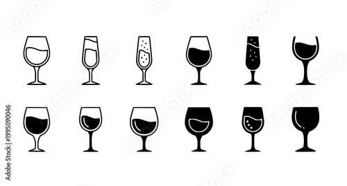 Collection of various wine glass and champagne flute vector icons for bar menu and restaurant branding design in clean black and white minimalist graphic style