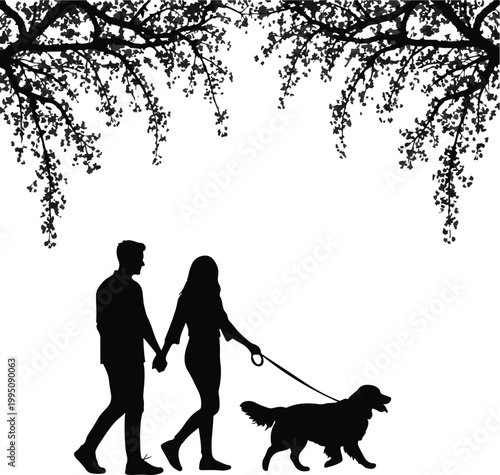 Silhouette of Couple Holding Hands and Walking Dog Under Spring Tree Branches