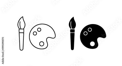 Set of minimalist paint brush and artist palette vector icons for creative design services and art studio branding in clean black and white graphic style