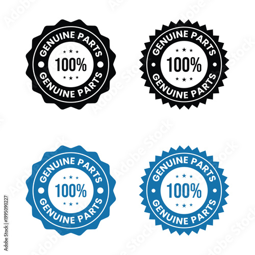 This image displays four circular badges two black and two blue all proclaiming genuine parts with a 100 guarantee high quality professional detailed modern