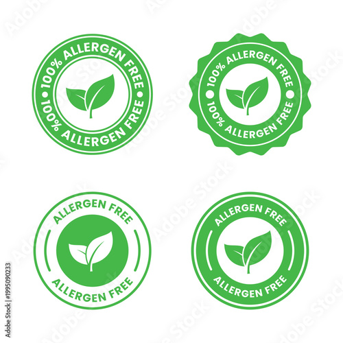 This image displays four green circular badges or seals proclaiming 100 allergen free with leaf imagery high quality professional detailed modern elegant stylish clean