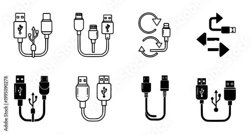 Collection of USB cable and charging connector icons for electronic device connectivity and technology hardware design featuring various port types in vector