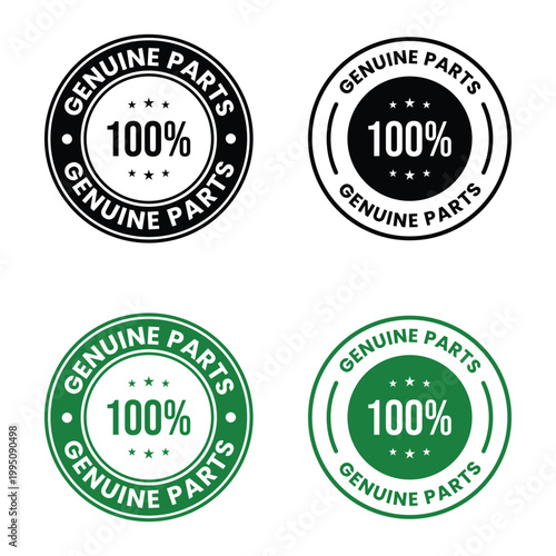 This image showcases four circular badges declaring genuine parts with a 100 guarantee displayed in varied color schemes high quality professional detailed modern elegant