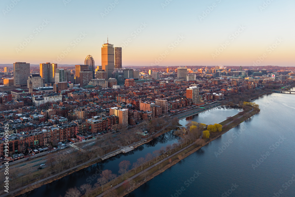 Fototapeta premium Aerial view of Boston riverfront skyline at dawn