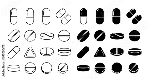 Set of pharmaceutical pill and capsule icons for medical and health design projects featuring various medication forms and tablet shapes in clean vector