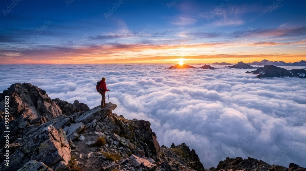 Fototapeta premium Hiker standing on mountain summit above clouds at sunset