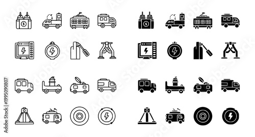 Electric vehicle and charging infrastructure icon set including electric cars and charging stations in black and white line art and solid silhouette styles