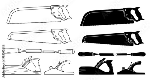 Set of woodworking tools icons including hand saws chisels and wood planes for carpentry and DIY home improvement projects in black and white vector style