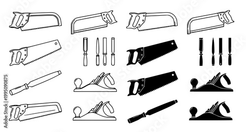Professional carpentry tool icon collection with saws and planes isolated on white background as vector illustration for wood workshop and construction projects