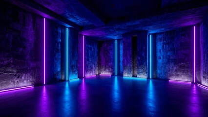 Empty dark room with neon purple and blue glowing vertical lights on stone walls