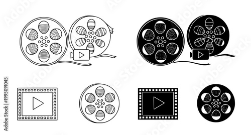 Film reel and movie production icons in hand drawn sketch and solid black styles for cinema industry creative projects and video editing software interface design