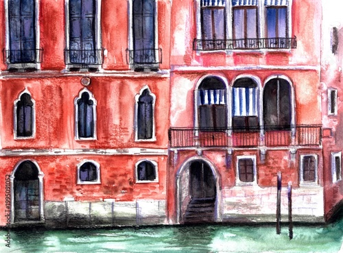 Venice watercolor architecture drawing. Hand drawn sketch of the city street buildings canal. Romantic travel background for cards