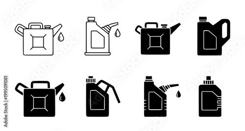 Set of black and white jerrycan icons for fuel storage and transport illustrated as flat vector graphics representing industrial liquid containers for energy
