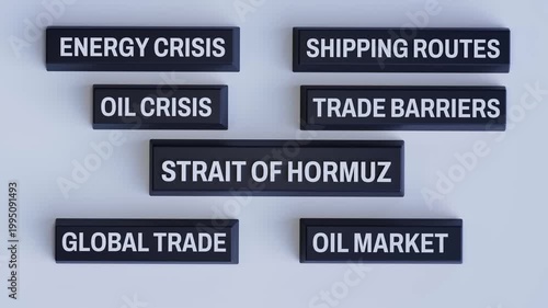 Strait of Hormuz Dark 3D Blocks Zoom Out Animation with Energy Crisis, Oil Crisis, Shipping Routes, Trade Barriers, Global Trade and Oil Market Labels on Light Background — 4K 3D Video Animation