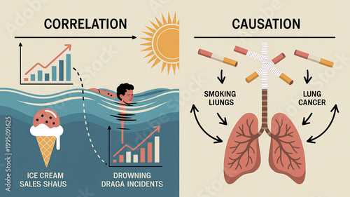 Obraz w ramie Understanding Correlation and Causation: A visual breakdown of correlation versus causation, explaining how factors may appear connected without being directly related.