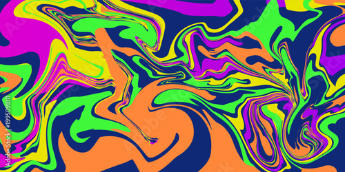 Dynamic, psychedelic background featuring a swirling pattern of bold neon shapes in green, yellow, pink, and purple on a dark blue backdrop.