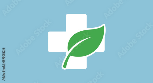 Green Leaf and Medical Cross Icon on Blue Background