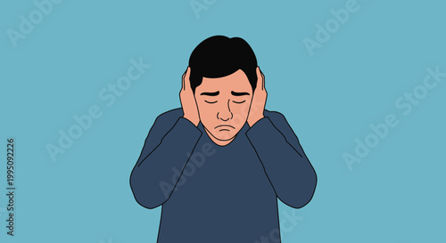 Man covering ears, feeling stressed, anxious, or overwhelmed. Mental health concept.