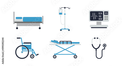 Medical Equipment Icons: Hospital Bed, Stethoscope, Monitor, IV Drip, Stretcher, Wheelchair