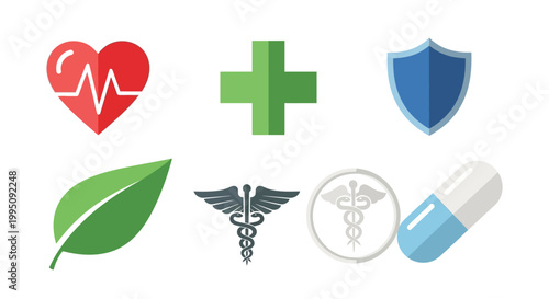 Medical Health Icons: Heartbeat, Cross, Shield, Leaf, Caduceus, Pill