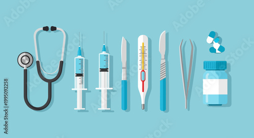 Medical Instruments Flat Design: Stethoscope, Syringes, Scalpel, Thermometer, Tweezers