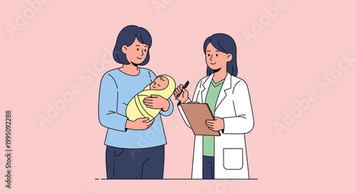 Mother with Newborn Baby and Doctor, Medical Checkup, Healthcare Concept