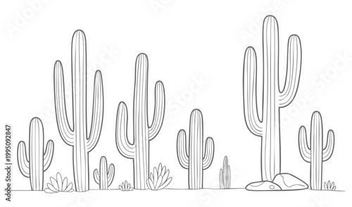 Desert cactus landscape outline drawing with saguaro plants and clean line art scene.