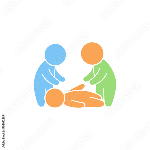 First Aid Assistance: Two Figures Help Unconscious Person, CPR Concept