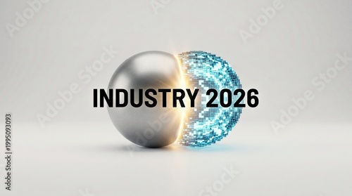 Industry 2026 concept with metallic and digital sphere halves merging