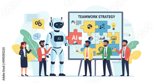 People working together with robot and AI strategy.