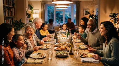 Extended family gathered around a large wooden dining table for a meal, multiple generations laughing and conversing, dishes and glasses scattered across surface, warm
