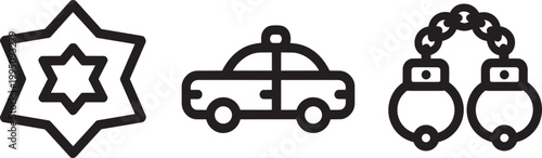 Police badge car and handcuffs outline illustration for law enforcement themes with badge design arrest