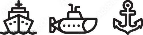 Ship submarine and anchor maritime icon set with minimalist black line art illustrations for sea travel