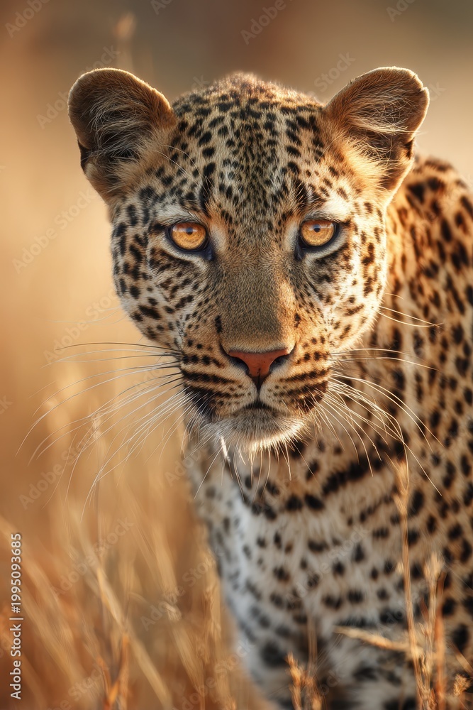 Obraz premium Leopard face portrait in natural habitat with direct gaze and rosette fur