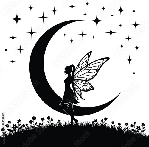 Canvas Print Fairy moon vector illustration with magical elf girl stars night garden grass and flowers