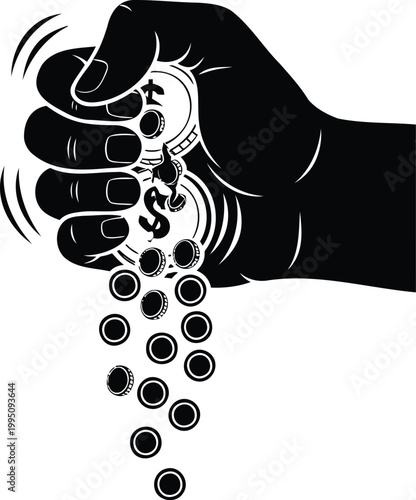 Hand squeezing coins vector illustration, financial crisis, money loss, economic struggle concept.