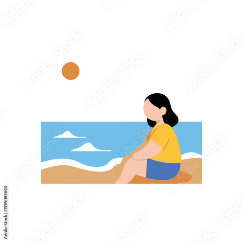 Woman sitting on beach, looking at ocean, sun and clouds in background, illustration