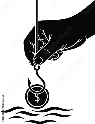 Hand with fishing hook catches dollar coin above water vector illustration.
