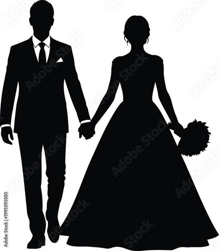Wedding couple vector illustration of bride and groom holding hands for marriage ceremony.