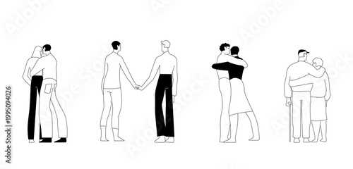Minimalist linear illustration set of couples embracing, holding hands, and walking together. Simple black outline characters representing love, relationships, romance and support.