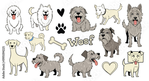 A cute collection of cartoon animal vectors featuring a group of dogs, a puppy, and zoo favorites like a lion and elephant isolated in a funny pet illustration set
