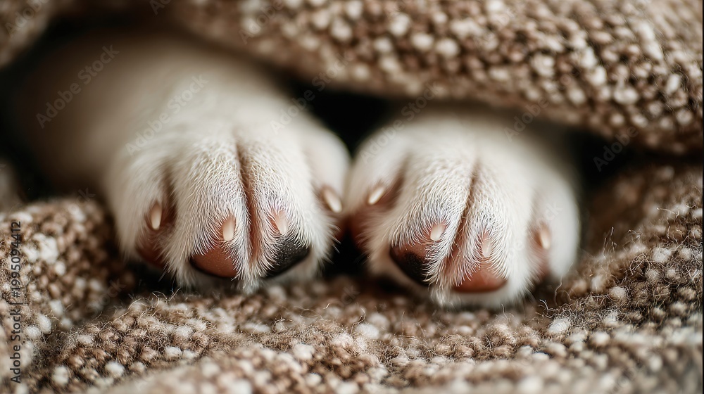 Obraz premium Macro photograph of fluffy white paws resting on textured brown blanket with soft lighting